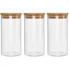 Conjunto 3 Potes Herméticos Com 800ml De Vidro Redondo Tampa De Bambu Mantimentos Tempero Alimento