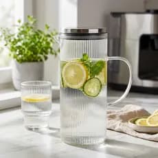 Jarra de Vidro Borossilicato 1,4L Tampa Inox Canelada Suco Chá Água Gelada Mesa  Presente Cozinha