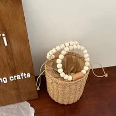Bolsa Feminina de Palha com Alça de Madeira Estilo Verão Praia Casual | Fechamento de Cordão-FS601
