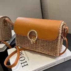 Bolsa de Palha Quadrada Estruturada Forrada Ombro Marrom-Fs609