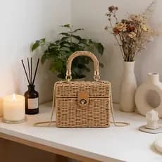 Bolsa Feminina de Palha Estilo Praia Verão com Alça de Mão e Transversal Leve resistente e sustentável Fs608