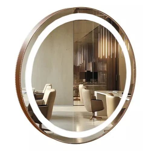 Espelho Redondo 70CM Moldura Couro com Led Jateado Luz Branca e Amarela