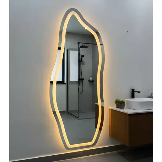 Espelho Orgânico Flame Corpo Inteiro 150cm x 60cm Polido LED Jateado Luz Branca e Luz Amarela Sala Quarto Banheiro
