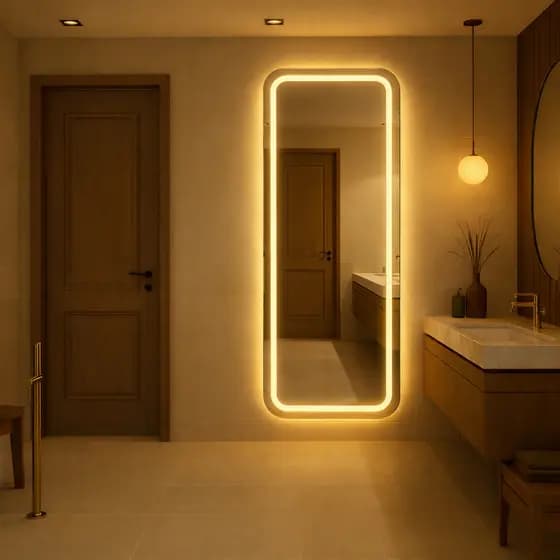 Espelho Retangular EL14 Corpo Inteiro 170cm x 70cm Polido LED Jateado Luz Branca e Luz Amarela Sala Quarto Banheiro