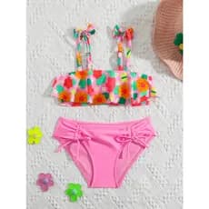 WD VEST - CONJUNTO DE PRAIA FEMININO INFANTIL COM BABADOS E TOP COM ESTAMPA FLORAL - I3014