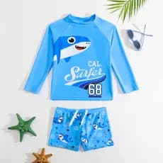 WD VEST Conjunto de Praia Infantil Masculino Camisa de Manga Longa e Short com Estampa de Tubarão - I3096