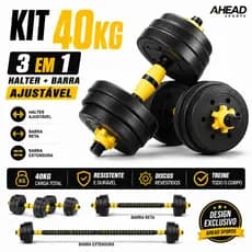 Kit Halteres 3 em 1 40kg Anilha Barra Musculação Academia Peso Ajustável Segurança e Durabilidade