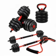 Kit Halteres Barra Kettlebell 6 em 1 Ajustavel até 40kg com Elástico para Treino Completo