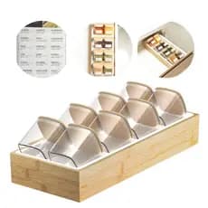 Organizador de Temperos Porta Condimentos Hermético Bambu Gaveta 24 Adesivos 8 Potes Cozinha