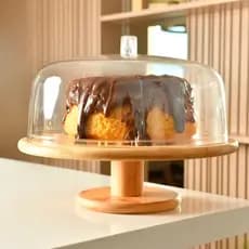 Boleira com Cúpula Pé Alta Tampa 27,5 cm Bambu Decoração Mesa Posta Porta Bolo Sense Ou