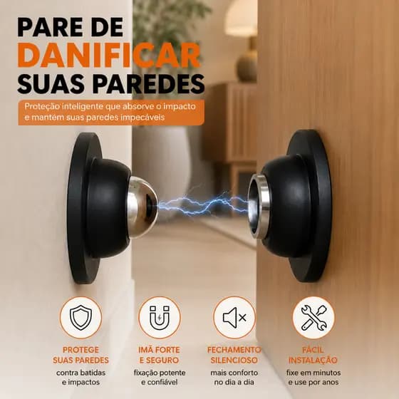 Prendedor de Porta Magnético Trava Batedor Fixador Porta Imã Sem Furos Adesivo Inox Preto Kit 1 a 5