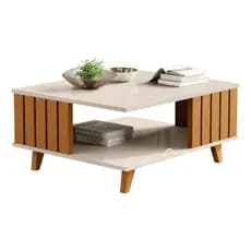 Mesa de Centro Ripada Com Pes Madeira Maciça Açai Cor Off/Nature