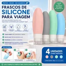 Kit Viagem 4 Frascos Silicone Pote 90ml Porta Creme Shampoo Perfume Loção Corporal Sabonete Líquido