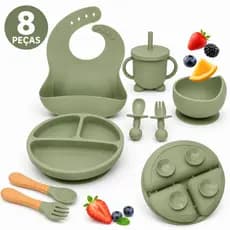 Talheres bebê silicone 8 Peças kit Talheres Infantil Com Ventosa Canudo Colher Babador Garfo NOVO 2026
