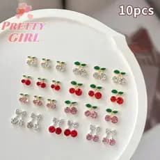[Pretty ggirl] 10 Peças De Strass De Unha Cereja 3D Pingente De Joias De Cristal De Frutas Vermelhas Liga Y2K Para Mulhe