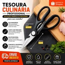 Tesoura Culinaria Preta Multiuso 20cm – Aço Inox e Cabo Ergonômico Tesoura Cortar Galeto Resistente