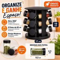 Kit Porta Temperos de Vidro Base Giratória com 9 Potes | Organização Porta Especiarias Condimentos