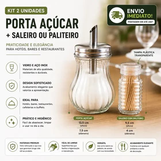 Kit Açucareiro de Vidro + Saleiro 80ml Kit Saleira Porta Sal Paliteiro Porta Palitos Bar Restaurante