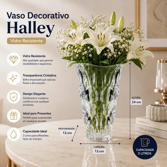 Vaso Decorativo 2L Grande Halley Vidro 24cm Elegante Sofisticado Ambientes Plantas Flor Mesa Posta