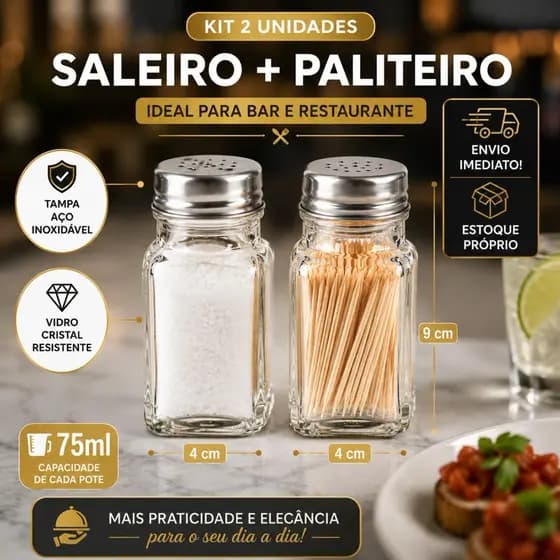 Kit Saleiro e Paliteiro Vidro 70ml com Tampa Inox Prático Design Clássico Cozinha e Restaurante