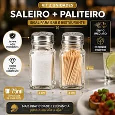 Kit Saleiro e Paliteiro Vidro 70ml com Tampa Inox Prático Design Clássico Cozinha e Restaurante