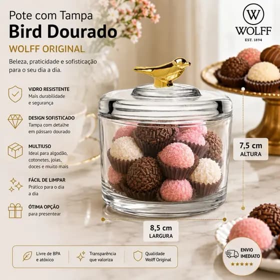 Pote com Tampa em Vidro Cristal Golden Bird Wolff Pote Tampa Pássaro Dourado Wolff