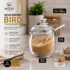 Açucareiro Pássaro com Tampa e Colher Bird Wolff Vidro Cristal 150ml Multiuso Mesa Posta Servir