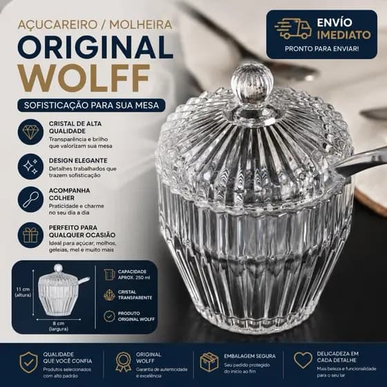 Kit Açucareiro com Colher Wolff Vidro Cristal Imperatriz Wolf Resistente Original