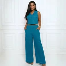 Conjunto Linho Colete e Calça Cintura Alta Elegante Feminino