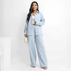 Conjunto Feminino Linho Calça e Camisa Manga Botões
