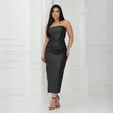 Vestido Longuete Couro Tomara que Caia Franzido na Lateral
