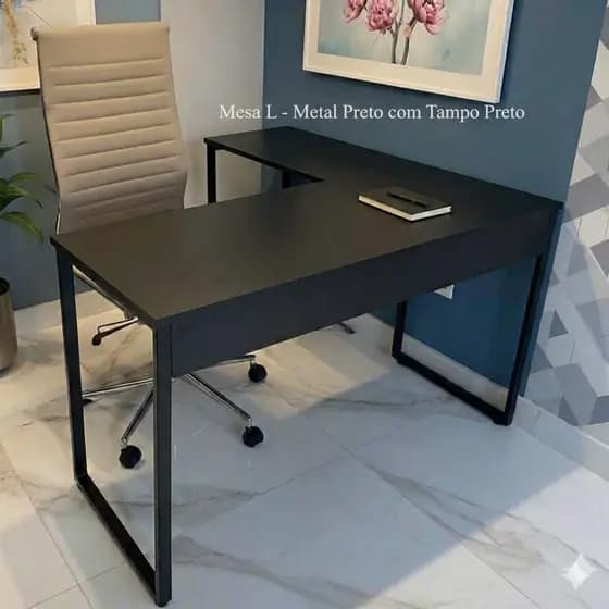 Mesa em L Home 120 cm Pé Metal Preto Industrial Escrivaninha Quarto Escritório Computador MDF Preto