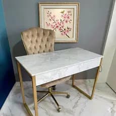 Mesa Escrivaninha  Escritório 90cm Home Office Estilo Industrial - Metalon Dourado - Efeito Marmore