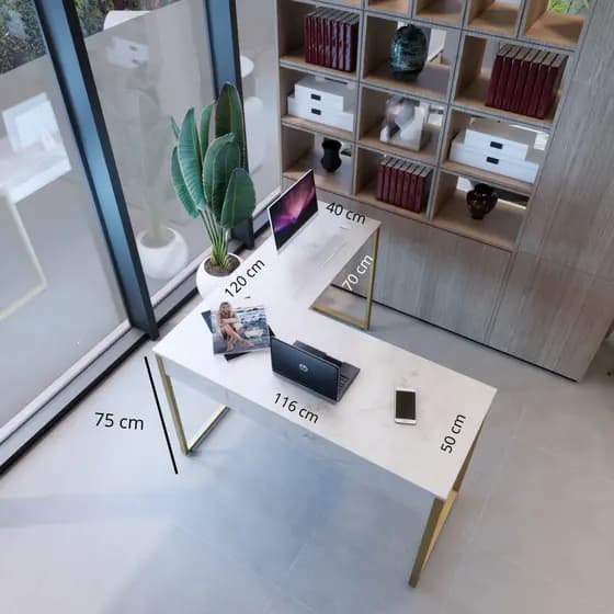 Mesa "L" Office Industrial Metal Dourado 120 cm x 116 cm - Mesa Escrivaninha Quarto Canto Tampo MDF