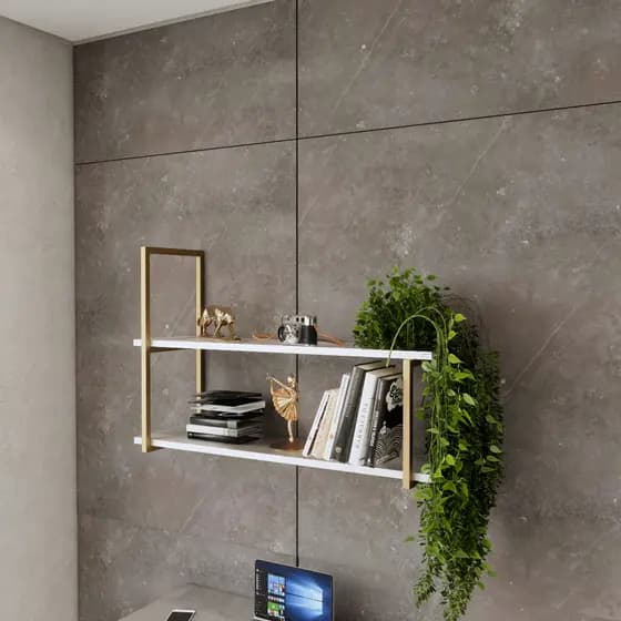Prateleira Industrial Suspensa 100cm  2 Prateleiras 100% MDF  Suporte Metal Dourado Nicho Industrial