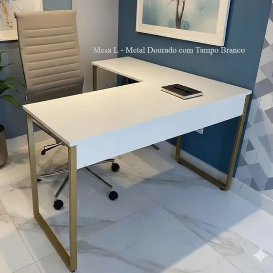 Mesa Escrivaninha "L" 120 cm MDF Branco Metal Dourado Industrial Quarto Escritório  Home Computador