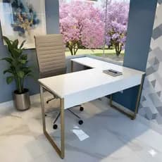 Mesa "L" Home 120 x 116 cm Industrial Metal Dourado Mesa Office Escrivaninha Quarto Canto Tampo MDF