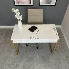 Mesa Escrivaninha 100 cm MDF Branco Metal Dourado Industrial Quarto Escritório Home Computador