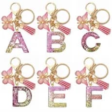 Chaveiro de Letra,Chaveiro de Lantejoulas Rosa com Pingente de Borboleta e Franja, Porta Chave