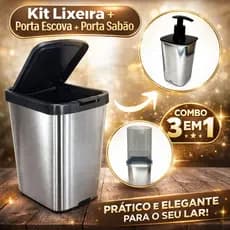 Kit Lixeira Click Inox + Saboneteira + Porta Escova de Dente – Praticidade para seu Banheiro