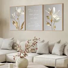 Quadros Decorativos Flores Frase Deus luxo clean gold moderno moldura 50x70cm vidro