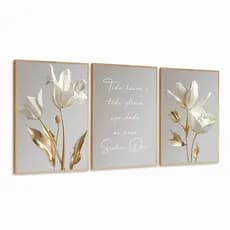 Quadros Decorativos Flores luxo clean gold moderno moldura com vidro