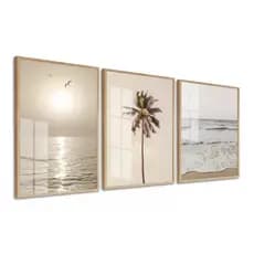 Quadros Decorativo Paisagem Mar Coqueiro Praia Luxo Sala Quarto Hall com Moldura Kit 3 quadros 40x60