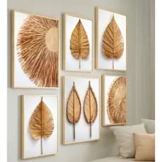 Kit 6 Quadros Decorativos Folhagem Bege Boho Palha Moldura