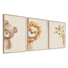 Kit 3 Quadros Safari Baby Leão Urso Girafa Aquarela Neutro com moldura 33x43cm vidro