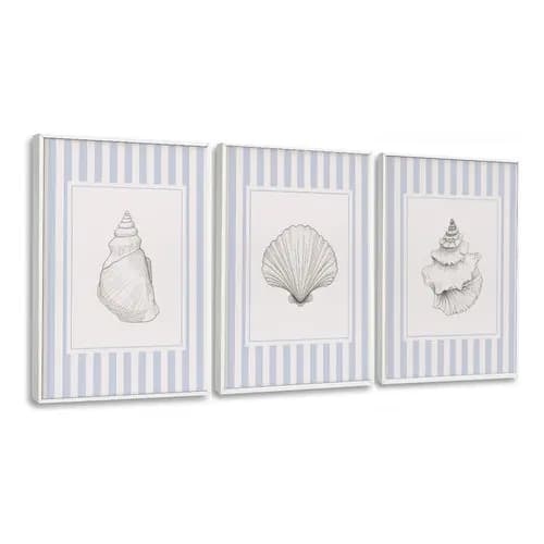 Quadros Decorativos Conchas Náutico Listrado Azul E Branco Branco