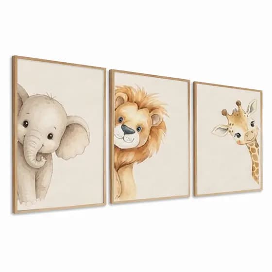 Kit 3 Quadros Safari Baby Leão elefante Girafa Aquarela Neutro com moldura