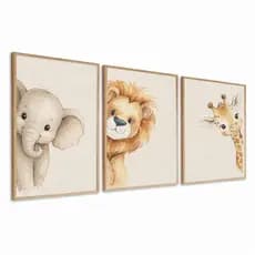 Kit 3 Quadros Safari Baby Leão elefante Girafa Aquarela Neutro com moldura