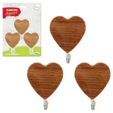 Gancho adesivo  amadeirado coração 3pcs