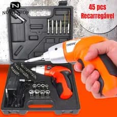 Parafusadeira Furadeira sem Fio Recarregável com Maleta 45 peças USB BIVOLT NOVA SHOP